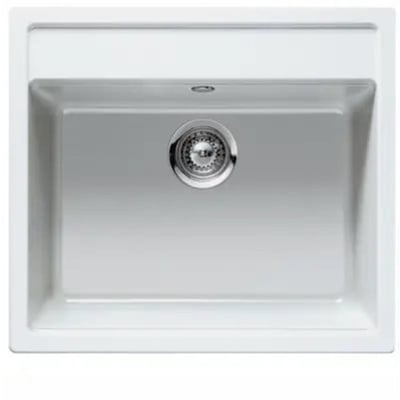 Oversigt over Intra Juvel Granite Nemo N100 køkkenvask i hvid Cristalite granit, klar til montering med integreret afløb og løft-op ventil.