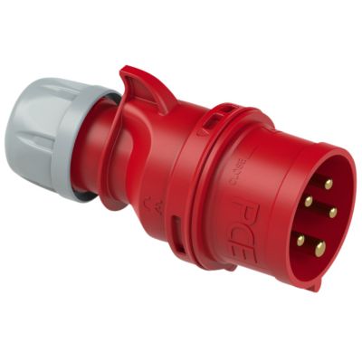 PC Electric CEE stikprop, 16A, 5-polet, 400V, IP44 i rød plast med grå detaljer, logo 'PCE' synligt.