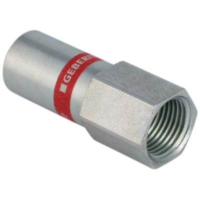 Detaljeret billede af Geberit Mapress FZ indstiksmuffe, der viser gevindet og den prægede Geberit logo detalje.