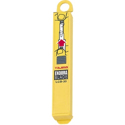 Tajima Endura Blade LCB-30 gul sikkerhedsdispenser til 9 mm knivblade med instruktioner vist.