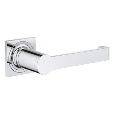 Grohe Allure New papirholder i krom med rektangulær vægplade og lige holderarm set skråt fra siden.