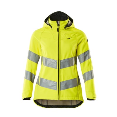 Mascot Softshell Supreme 18512 Hi-Vis gul damejakke med reflekser og hætte på hvid baggrund.