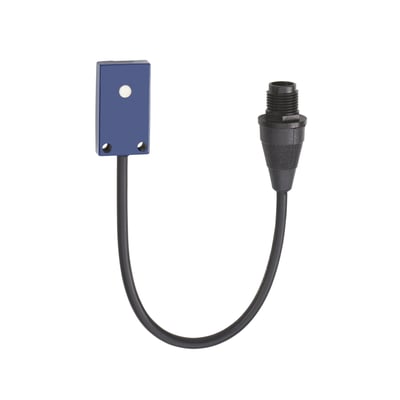 Schneider Electric ultralydsensor i blåt mini format med NPN NO output, 100mm rækkevidde og M12 stik, placeret på hvid baggrund.