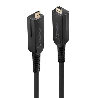 Lindy hybrid fiberoptisk micro-HDMI 18G kabel med 'Source' og 'Display' mærkning på et stik. Sort kabel med forgyldte stik på hvid baggrund.
