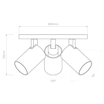 Teknisk tegning af Astro Ascoli Triple Round spotlampe, der viser dimensioner som 220mm diameter og 130mm højde.
