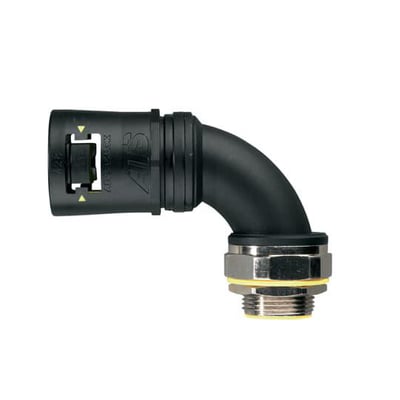 Thomas & Betts Adaptalok ATS 90° albuefitting til 21 mm kabelrør, sort med gul ring og M25-gevind.