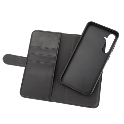 Samsung Galaxy A35 5G PU wallet cover udfoldet, viser indersiden med tre kortlommer og det aftagelige cover.