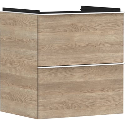 Hansgrohe Xelu Q væghængt vaskeskab i naturlig eg med to skuffer og integreret greb, hvid kantdetalje.