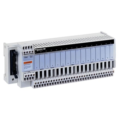 Schneider Electric Telefast ABE7 med 16 kanaler og ABE7 sikringer, grå og blå plast med tydelige terminaler og nummerering.