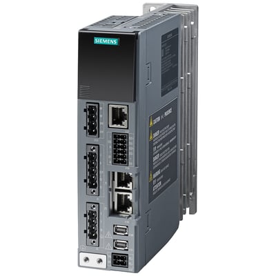Siemens SINAMICS S210 frekvensomformer med en 200-240 V indgang, IP20, ramme A og forskellige tilslutningsporte som Ethernet og USB.