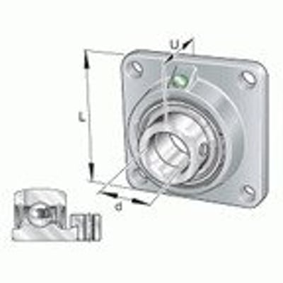 INA PCJ60-XL-N spænderingslejeenhed med firehuls flangelejehus i støbejern og dimensionstegning.