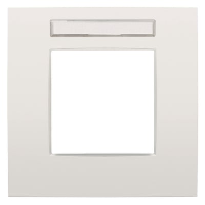 Niko Intense ramme i hvid med et enkelt modul og et integreret transparent tekstfelt til mærkning af installationer.