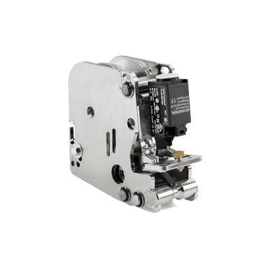 Mekanisk overlastsikring i poleret metal med en sort Schmersal afbryder, designet til 1500-3000 kg og wire Ø 13-20 mm.