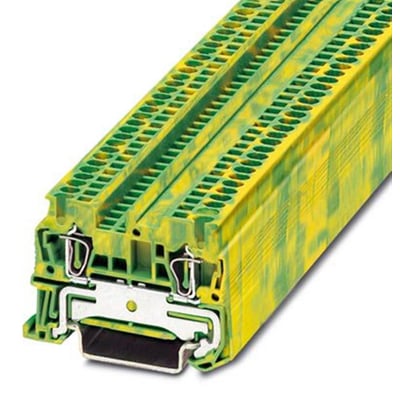 Nærbillede af Phoenix Contact ST 1,5-PE jordklemme, der viser den gule/grønne farve, fjedertilslutning og 1,5mm² størrelse.