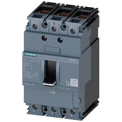 Siemens 3VA1 maksimalafbryder 160A, 3-polet, 25kA, med TM210 udløser og betjeningsgreb på grå baggrund.