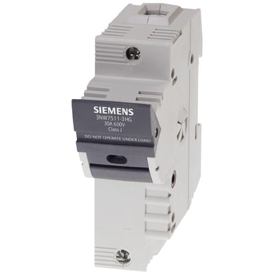 Siemens Sentron sikringsholder, 1-polet, 30A, 600V, Klasse J, monteret på DIN-skinne med tydelig mærkning.