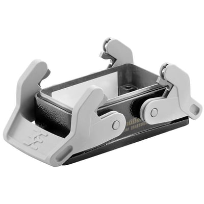 Weidmüller bulkhead-kabinet med åbent hus og grå sideklemmer til fastlåsning.
