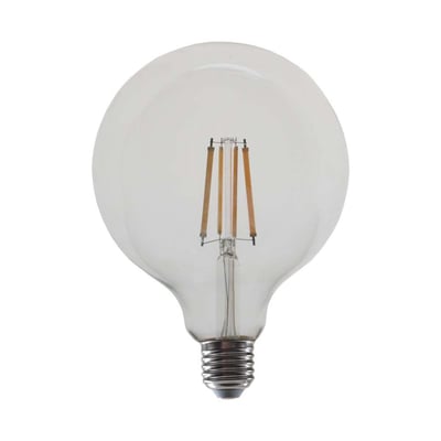 V-TAC G125 LED-filamentpære med klar, rund glaskolbe, synlige filamenter og E27-fatning.
