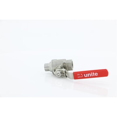 UNITE kuglehane W 1.4408 med muffe/nippel, 3/4" størrelse. Den er lavet af rustfrit stål og har et rødt håndtag med "ON/OFF" og "unite" logo.