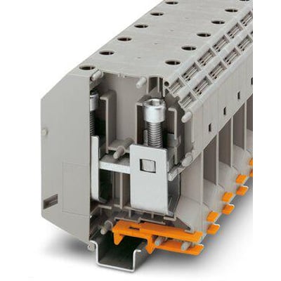 Phoenix Contact UKH 150 stærkstrømsklemme i grå plast med skruetilslutning, monteret på en DIN-skinne.