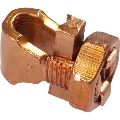 Kobberfarvet split bolt KS25 til potentialudligning, med gevind og møtrik, på en hvid baggrund.