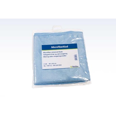 Roliba blå microfiberklud i kraftig kvalitet, 40 x 40 cm, ses foldet i gennemsigtig emballage med produktetiket.