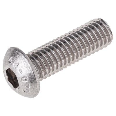 Syrefast A4 M8x12 ISO 7380 button head skrue med indvendig 6-kant og fuldt gevind på hvid baggrund.