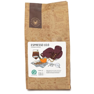 Espresso bønner 10.0 i en 1000g pose med illustrationskunst og information om ristning, fylde og syrlighed.