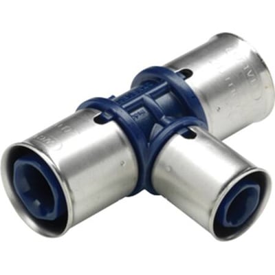 Nærbillede af Wavin Tigris K1 T-stykke til Alupex-rør, der viser de tre preskoblinger og den blå PPSU-kerne.