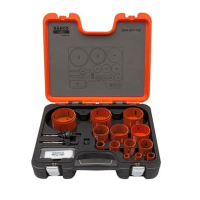 Bahco Superior hulsavesæt med hulsave og tilbehør i en åben sort kuffert med orange låg, til størrelser fra 16 til 83 mm.