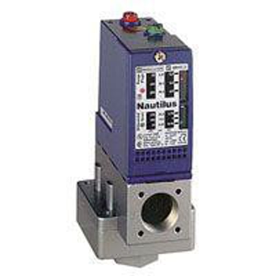 Schneider Electric pressostat XMLB002A2S11 med variabelt trykområde på 0,3-2,5 BAR i blå og grå nuancer med tydelige mærkningsdetaljer.