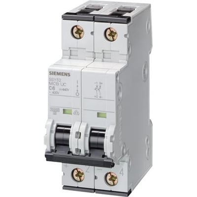 Siemens SENTRON 5SY5225-7 automatsikring med to poler og sorte betjeningsgreb, set skråt forfra; 25 A, C-karakteristik.