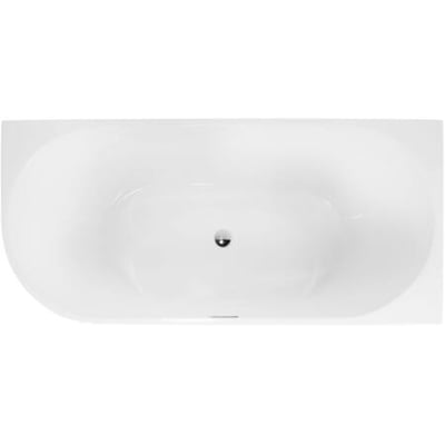 Oversigt fra oven af et hvidt Back To Wall badekar i akryl, 1700 mm langt, med krom pop-up bundventil i midten.