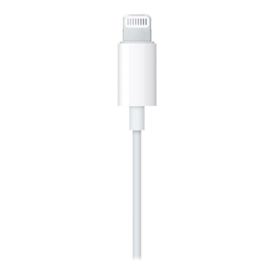 Nærbillede af APPLE EarPods med Lightning-connector, viser den hvide stikprop og det hvide kabel.