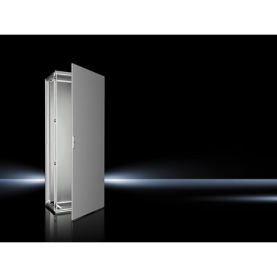 Rittal VX25 gulvskab med åben låge, der viser den indre monteringsramme og metalstruktur, stående på en sort reflekterende overflade.