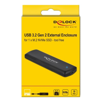 DeLock USB 3.2 Gen 2 eksternt kabinet til en M.2 NVMe SSD med værktøjsfri installation, vist på gul baggrund med produktinformation.
