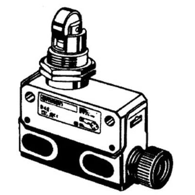 Omron endestopkontakt D4E-1B20N med skrueterminal og universel krydsrullestempel, vist på hvid baggrund.