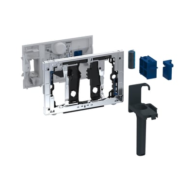 Geberit DuoFresh modul til Sigma indbygningscisterne 12 cm, vist som samling af dele med blankforkromet ramme og blåt tilbehør på hvid baggrund.