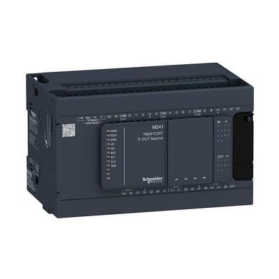 Schneider Electric Modicon M241 PLC, model TM241C24T, med 14 digitale indgange og 10 digitale udgange, 24V, vist fra siden med tilslutningsklemmer.