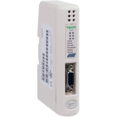 Schneider Electric Gateway til Deivicenet/Modbus, model LUF97, hvid, med statusindikatorer og D-sub port.