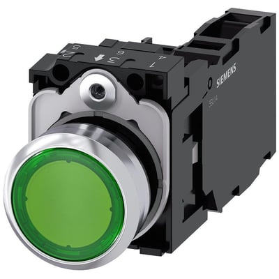 Siemens 22mm rund oplyst trykknap i metal med grøn front og 1 NO/1 NC kontakter.