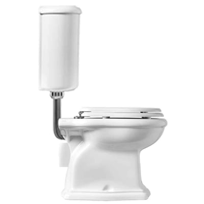 Lavabo Contea Retro Low gulvstående toilet i hvidt med lav cisterne, synligt kromrør og Soft-Close-sæde.