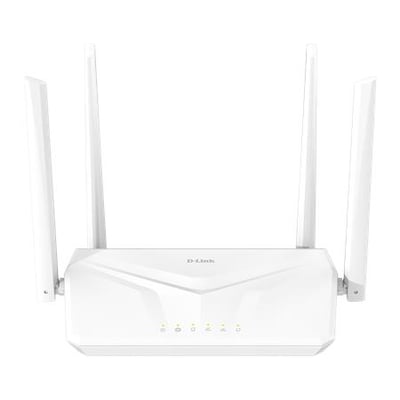 Hvid D-Link AC1200 dual-band gigabit-router set forfra med fire opretstående antenner og statuslys på fronten.