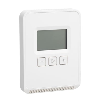 Schneider Electric SpaceLogic SLP luftkvalitetssensor med LCD-display og tre kontrolknapper, måler temperatur og fugtighed.