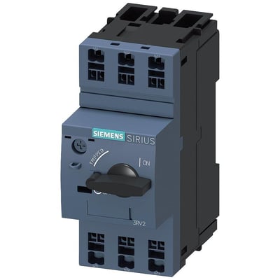 Siemens 3RV2 S00 motorværn i grå og sort, justerbar til 1,1-1,6A, med drejehåndtag til tænd/sluk og trip-funktion.