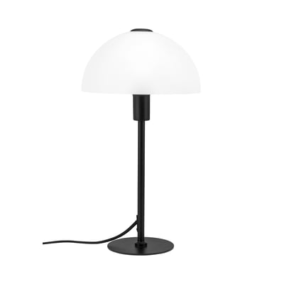 Fuldt billede af Dyberg Larsen Jazz bordlampe med opal glashætte og sort metal, med sort stofledning og afbryder på hvid baggrund.