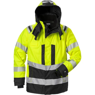 Kansas skaljakke i high-vis kl. 3 gul/sort, str. M, med hætte og reflekser. Jakken er fremstillet af 100% polyester og er Oeko-tex certificeret.