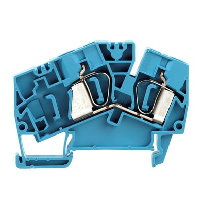 Weidmüller feed-through samlemuffe i blå med tension-clamp tilslutning, 6 mm², 41 A, 800 V. Visningen er en detaljeret oversigt over interne komponenter.