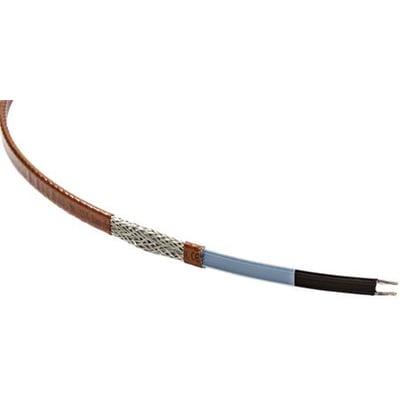 Raychem 20QTVR2-CT selvregulerende varmekabel med brun flourpolymer kappe og sølvflettet skærm.