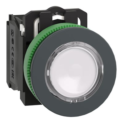 Bagside af Schneider Electric flush trykknap, viser monteringsdetaljer og certificeringsmærker som CE og EAC.